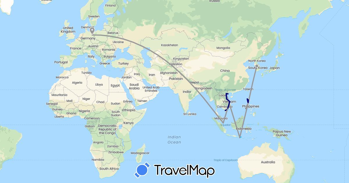 TravelMap itinerary: driving, plane, boat in Germany, Indonesia, South Korea, Philippines, Singapore, Vietnam (Asia, Europe)